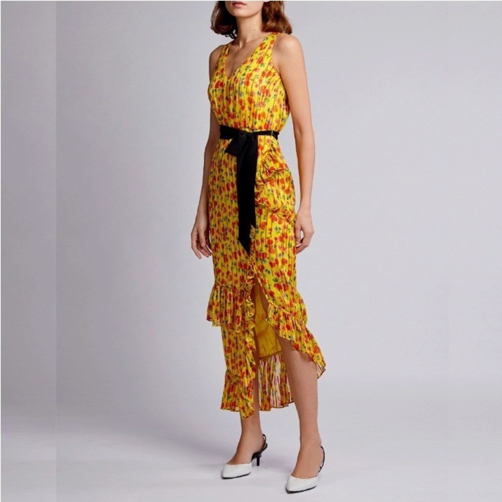 SALONI Silk Blend Rosalind Floral V-neck Ruffled Chiffon‎ Midi Dress Yellow US 4